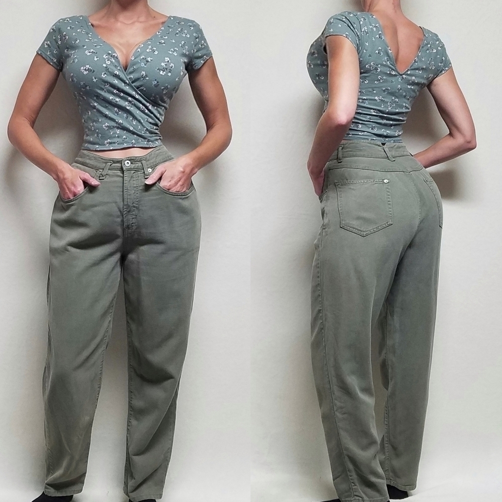 Vintage 90s Karen Kane Green Denim Back Yoke Waist Extra High Rise Tapered Jeans
